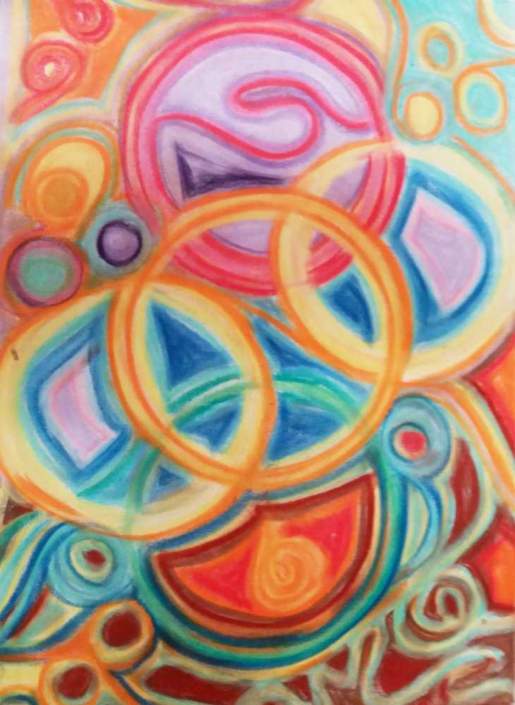 Frequenzbild mit gemalten Kreisen und Energieströmen in warmen, lebendigen Farben