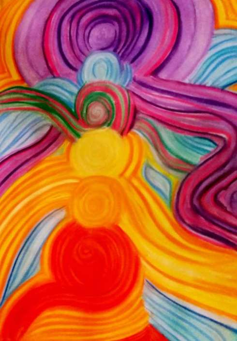 Frequenzbild mit gemalten Energieströmen in warmen, lebendigen Farben